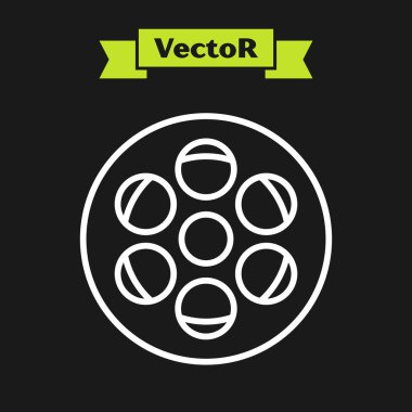 Beyaz çizgi film makarası simgesi siyah arkaplanda izole edildi. Vektör İllüstrasyonu