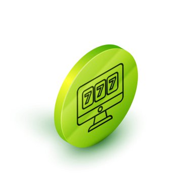 Beyaz arka planda izole edilmiş şanslı yedinci büyük ikramiye ikonu olan Isometric line online slot makinesi. İnternetteki kumarhane. Yeşil daire düğmesi. Vektör İllüstrasyonu