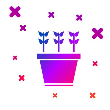 Çömlek simgesindeki renk bitkileri beyaz arkaplanda izole edilmiş. Tencerede büyüyen bitkiler. Saksı bitkisi işareti. Kademeli rastgele dinamik şekiller. Vektör İllüstrasyonu