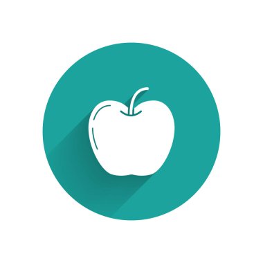 Beyaz Apple simgesi uzun gölge ile izole. Yaprak sembolü olan meyve. Yeşil daire düğmesi. Vektör İllüstrasyonu