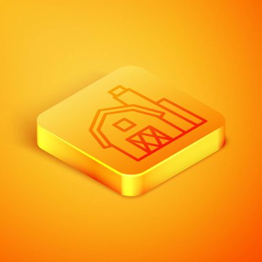 Turuncu arka planda izole edilmiş İzometrik çizgi Farm House konsept simgesi. Rustik çiftlik arazisi. Turuncu kare düğme. Vektör İllüstrasyonu