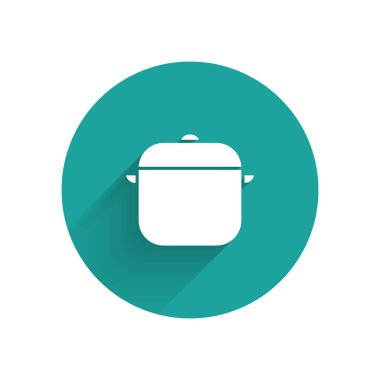 Uzun gölgeli beyaz tencere ikonu. Haşlama ya da güveç besin sembolü. Yeşil daire düğmesi. Vektör İllüstrasyonu