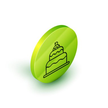 Beyaz arkaplanda Isometric satır kek simgesi izole. Doğum günün kutlu olsun. Yeşil daire düğmesi. Vektör İllüstrasyonu