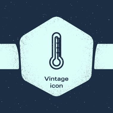 Grunge hattı termometre simgesi mavi arkaplanda izole edildi. Tek renkli klasik çizim. Vektör İllüstrasyonu