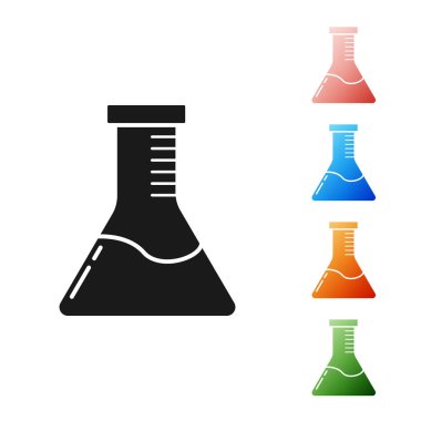 Beyaz arka planda siyah test tüpü ve kimyasal test ikonu izole edildi. Laboratuvar cam levhası. Simgeleri renklendirin. Vektör İllüstrasyonu