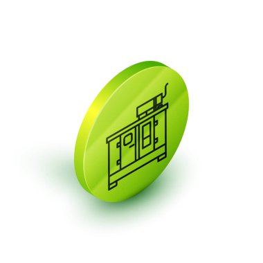 Isometric hattı Diesel güç jeneratörü simgesi beyaz arkaplanda izole edildi. Sanayi ve ev taşınmaz güç jeneratörü. Yeşil daire düğmesi. Vektör İllüstrasyonu