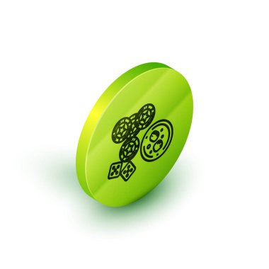 Isometric line kumarhane fişleri, kumar zarları ve beyaz arka planda buz küpleri ikonu olan bir bardak viski. Kumarhane pokeri. Yeşil daire düğmesi. Vektör İllüstrasyonu