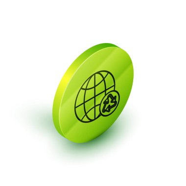 Isometric Line Planet Earth ve beyaz arka planda izole edilmiş bir geri dönüşüm ikonu. Çevresel konsept. Yeşil daire düğmesi. Vektör İllüstrasyonu