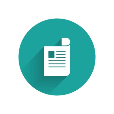 Beyaz Belge simgesi uzun gölge ile yalıtılmış. Dosya simgesi. Kontrol listesi simgesi. İş konsepti. Yeşil daire düğmesi. Vektör Illustration