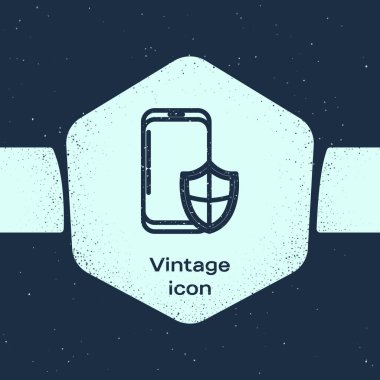 Grunge hattı Smartphone, mavi arka planda güvenlik kalkanı simgesi olan cep telefonu. Güvenlik, güvenlik, güvenlik, koruma kavramı. Tek renkli klasik çizim. Vektör İllüstrasyonu