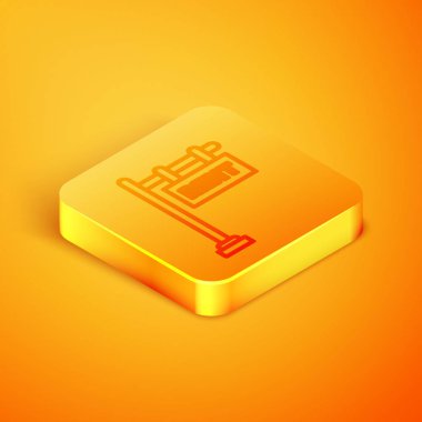 Turuncu arka planda izole edilmiş metin kiralama simgesi ile Isometric satır asma işareti. Metin Rent 'li pano. Turuncu kare düğme. Vektör İllüstrasyonu