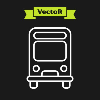 Beyaz çizgi otobüs simgesi siyah arkaplanda izole edildi. Ulaşım konsepti. Otobüs turu tabelası. Turizm ya da kamu aracı sembolü. Vektör İllüstrasyonu