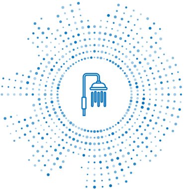 Mavi çizgi duş başlığı beyaz zemin üzerinde su damlaları akan ikon izole. Soyut çember rastgele noktalar. Vektör İllüstrasyonu