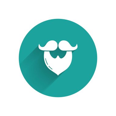 Beyaz bıyık ve sakal ikonu uzun gölgeli. Berber dükkanı sembolü. Yüz kılı stili. Yeşil daire düğmesi. Vektör İllüstrasyonu