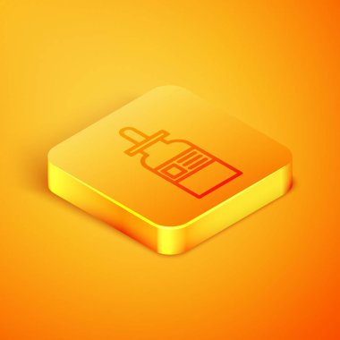 Turuncu arka planda izole edilmiş pipet ikonlu Isome marka cam şişe. Tıbbi ve kozmetik ürünler için konteynır. Turuncu kare düğme. Vektör İllüstrasyonu