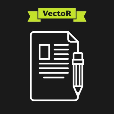 Siyah zemin üzerinde silgi simgesi olan beyaz çizgi sınav kağıdı ve kalem. Sınav kağıdı, sınav ya da araştırma konsepti. Sınav ya da sınav. Vektör İllüstrasyonu