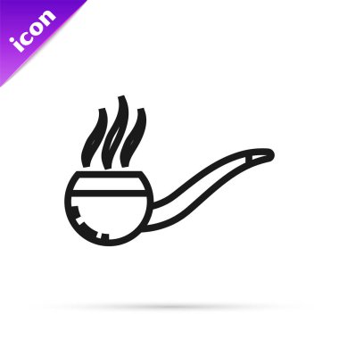 Beyaz arka planda izole edilmiş duman simgesi olan siyah çizgi sigara piposu. Tütün piposu. Vektör İllüstrasyonu