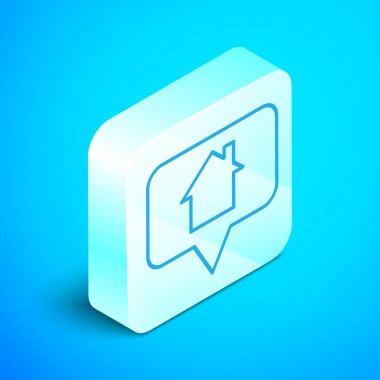 Mavi arkaplanda ev simgesi izole edilmiş Isometric çizgi haritası işaretçisi. Ev konumu belirleyici sembol. Gümüş kare düğme. Vektör İllüstrasyonu
