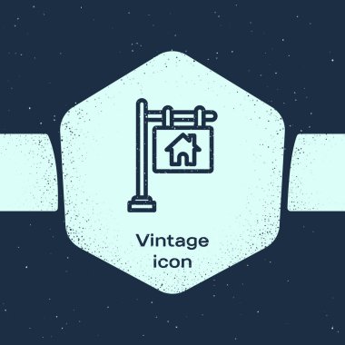 Grunge Line asma işareti ve mavi arka planda izole edilmiş metin satışı simgesi. Mesaj indirimli tabela. Tek renkli klasik çizim. Vektör İllüstrasyonu