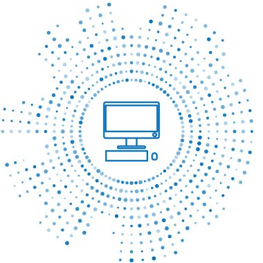 Klavye ve fare simgesine sahip mavi çizgi bilgisayar monitörü beyaz arkaplanda izole edildi. Bilgisayar bileşeni işareti. Soyut çember rastgele noktalar. Vektör İllüstrasyonu