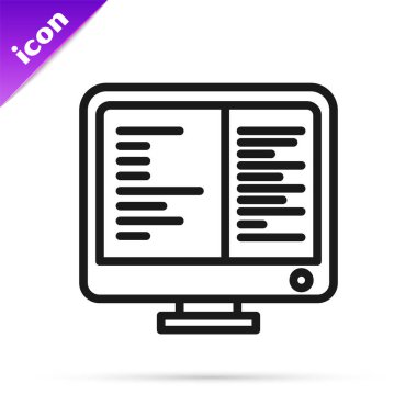 Siyah çizgi bilgisayar ekranı ekranı simgesi beyaz arkaplanda izole edildi. Elektronik cihaz. Ön manzara. Vektör İllüstrasyonu