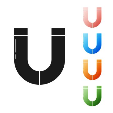 Siyah Mıknatıs simgesi beyaz arkaplanda izole edildi. At nalı mıknatısı, manyetizma, manyetizma, çekim. Simgeleri renklendirin. Vektör İllüstrasyonu