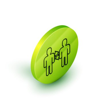 Isometric line Project ekip taban simgesi beyaz arkaplanda izole edildi. İş analizi ve planlama, danışmanlık, takım çalışması, proje yönetimi. Yeşil daire düğmesi. Vektör İllüstrasyonu