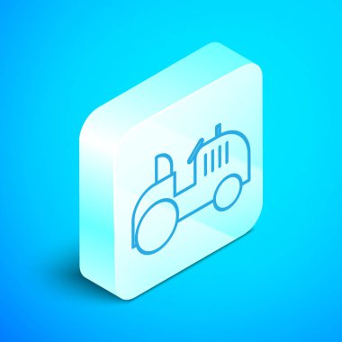 Isometric çizgi çekici simgesi mavi arkaplanda izole edildi. Gümüş kare düğme. Vektör İllüstrasyonu