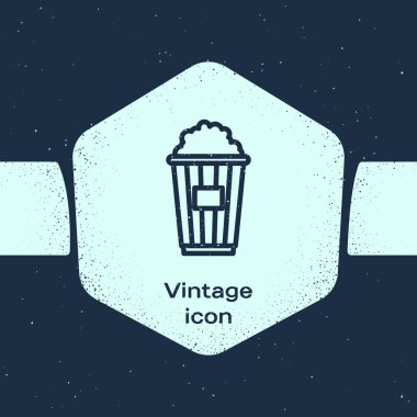 Mavi arka plan üzerinde izole karton kutu simgesinde Grunge hattı Patlamış mısır. Patlamış mısır kova kutusu. Tek renkli vintage çizim. Vektör İllüstrasyonu