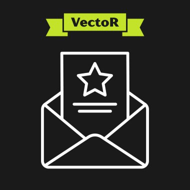 Beyaz çizgi. Tutuklama emri simgesi siyah arkaplanda izole edilmiş. Belgeli polis rozeti. Arama emri, polis raporu, mahkeme celbi. Adalet kavramı. Vektör İllüstrasyonu