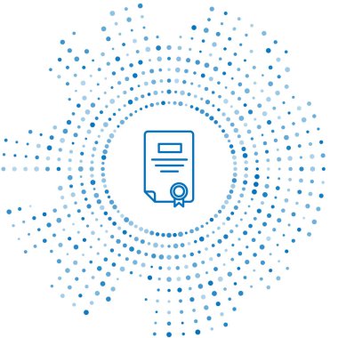 Mavi çizgi sertifika şablon simgesi beyaz arkaplanda izole edildi. Başarı, ödül, diploma, burs, diploma. İş başarısı sertifikası Soyut çember rastgele noktalar. Vektör İllüstrasyonu