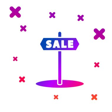 Beyaz arkaplanda izole edilmiş metin satışı simgesi olan Renk Asma işareti. Mesaj indirimli tabela. Kademeli rastgele dinamik şekiller. Vektör İllüstrasyonu