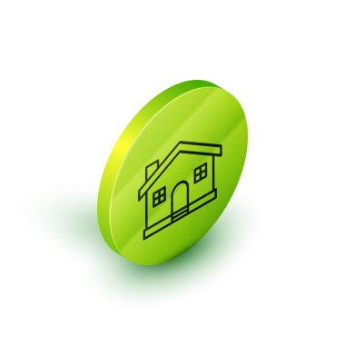 Beyaz arkaplanda Isometric çizgi simgesi izole edildi. Ev sembolü. Yeşil daire düğmesi. Vektör İllüstrasyonu