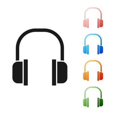 Siyah kulaklık simgesi beyaz arkaplanda izole edilmiş. Kulaklık işareti. Müzik, hizmet, iletişim ve operatör konsepti. Simgeleri renklendirin. Vektör İllüstrasyonu