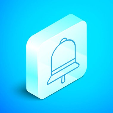 İzometrik çizgi Mavi arka planda yalıtılmış zil simgesi. Alarm sembolü, servis zili, el zili işareti, bildirim sembolü. Gümüş kare düğme. Vektör İllüstrasyonu