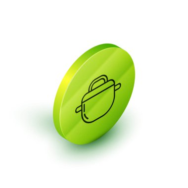 Beyaz arkaplanda izole edilmiş Isometric hattı tencere ikonu pişirme. Haşlama ya da güveç besin sembolü. Yeşil daire düğmesi. Vektör İllüstrasyonu