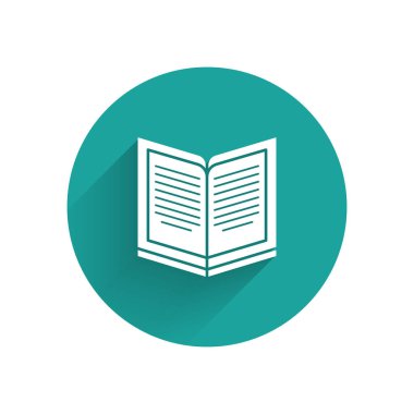 Beyaz Açık Kitap simgesi uzun gölgeyle izole edildi. Yeşil daire düğmesi. Vektör İllüstrasyonu