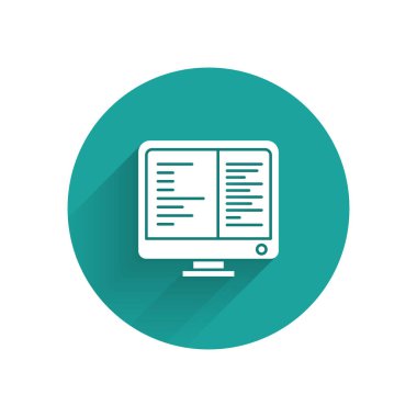 Beyaz Bilgisayar ekran simgesi uzun gölgeli izole edildi. Elektronik cihaz. Ön manzara. Yeşil daire düğmesi. Vektör İllüstrasyonu