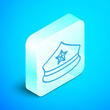 Mavi arka planda izole edilmiş papağan ikonlu Isometric line polis şapkası. Polis şapkası işareti. Gümüş kare düğme. Vektör İllüstrasyonu