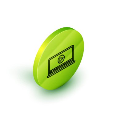 Beyaz arkaplanda Isometric line Online video oynatma simgesi izole edildi. Dizüstü bilgisayar ve oyun işaretli film şeridi. Yeşil daire düğmesi. Vektör İllüstrasyonu