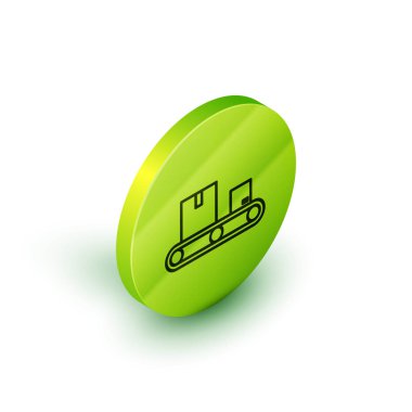 Beyaz zemin üzerinde karton kutu simgesi olan Isometric çizgi taşıyıcı bandı. Yeşil daire düğmesi. Vektör İllüstrasyonu