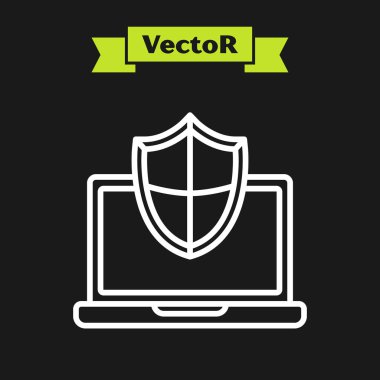 Beyaz çizgi dizüstü bilgisayar siyah arkaplanda izole edilmiş kalkan simgesi ile korunuyor. Bilgisayar güvenliği, güvenlik duvarı teknolojisi, özel güvenlik. Vektör İllüstrasyonu