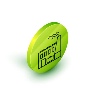 Isometric hattı Kömür Santrali ve fabrika ikonu beyaz arka planda izole edildi. Enerji endüstrisi konsepti. Kömür santrali. Yeşil daire düğmesi. Vektör İllüstrasyonu