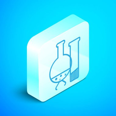 Isometric line Test tüpü ve matara - mavi arkaplanda izole edilmiş kimyasal laboratuvar ikonu. Laboratuvar cam levhası. Gümüş kare düğme. Vektör İllüstrasyonu
