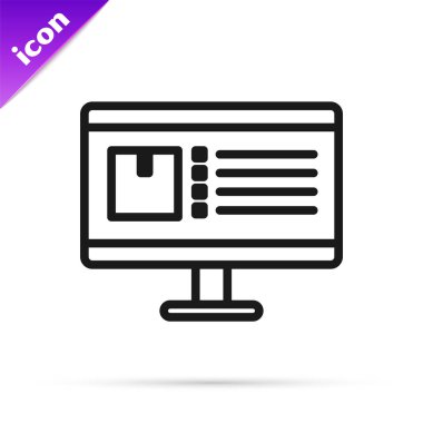 Uygulama iletim simgesi olan siyah çizgi bilgisayar monitörü beyaz arkaplanda izole edildi. Paket takibi. Vektör İllüstrasyonu