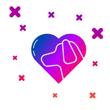 Beyaz arkaplanda izole edilmiş köpek ikonu olan renk kalbi. Yüreğindeki evcil hayvan pençesi. Hayvanlara sevgiler. Kademeli rastgele dinamik şekiller. Vektör İllüstrasyonu