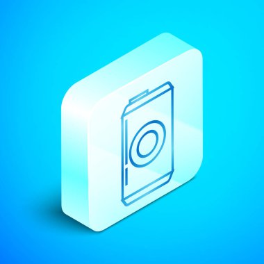 Isometric çizgi bira ikonu mavi arkaplanda izole edilebilir. Gümüş kare düğme. Vektör İllüstrasyonu