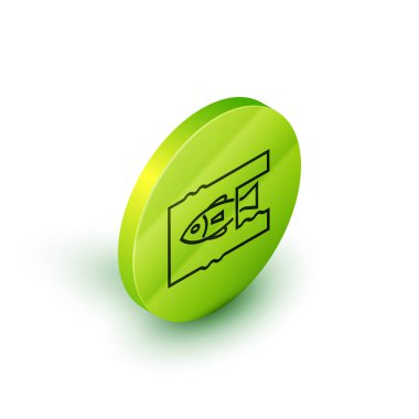 Isometric hattı beyaz arkaplanda izole edilmiş okyanus plastik kirliliği ikonunu durdur. Çevre koruma kavramı. Balıklar plastiğe hayır der. Yeşil daire düğmesi. Vektör İllüstrasyonu