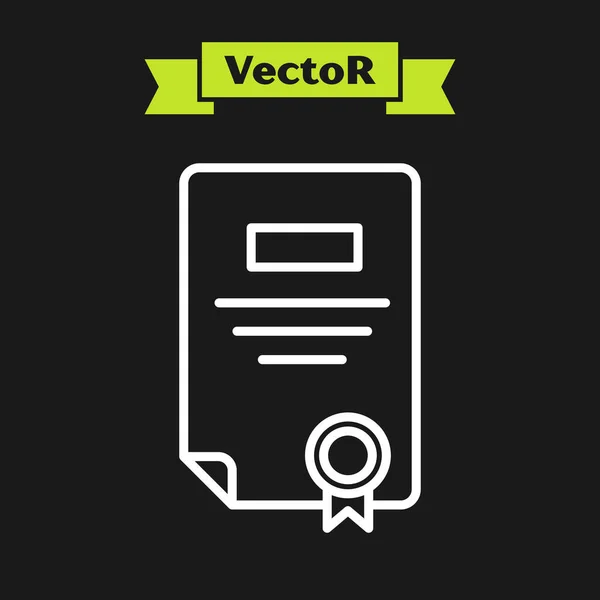 Weiße Linie Zertifikatsvorlage Symbol isoliert auf schwarzem Hintergrund. Leistung, Auszeichnung, Abschluss, Stipendium, Diplom. Geschäftserfolgsbescheinigung. Vektorillustration — Stockvektor