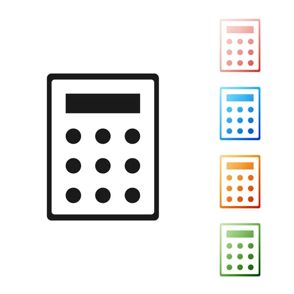 Fekete kalkulátor ikon elszigetelt fehér háttérrel. Könyvelési szimbólum. Üzleti számítások matematika oktatás és pénzügy. Állítsa be az ikonok színes. Vektorillusztráció — Stock Vector